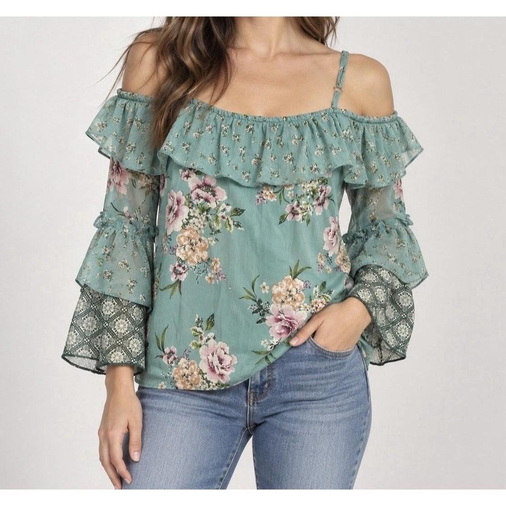 Xhilaration Cold Shoulder Top Womens Small Teal Floral Ruffle Tiered Bell Sleeve
